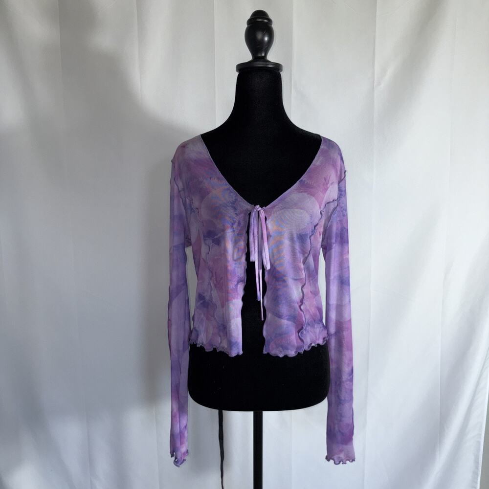 Caution To The Wind Purple Mesh Blouse Tie Front Medium Cover Up Y2K 🩷